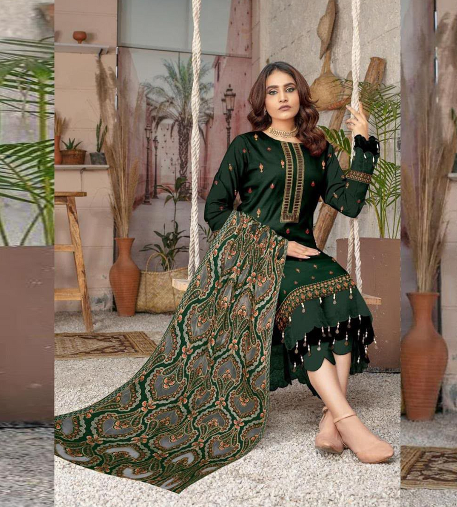 Bareeza Designer Navy Blue Heavy Embroidered Dhanak 3-Piece Winter Suit – Sequins Sleeves & Applique Shawl