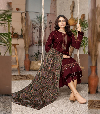 Bareeza Designer Navy Blue Heavy Embroidered Dhanak 3-Piece Winter Suit – Sequins Sleeves & Applique Shawl