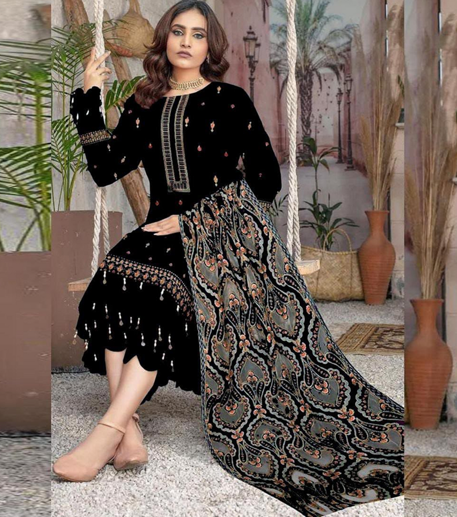 Bareeza Designer Navy Blue Heavy Embroidered Dhanak 3-Piece Winter Suit – Sequins Sleeves & Applique Shawl
