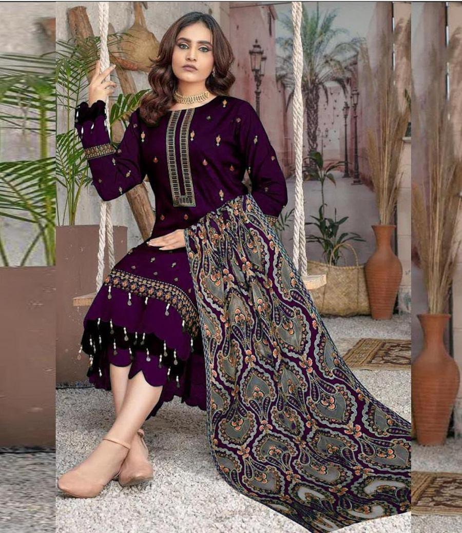 Bareeza Designer Navy Blue Heavy Embroidered Dhanak 3-Piece Winter Suit – Sequins Sleeves & Applique Shawl