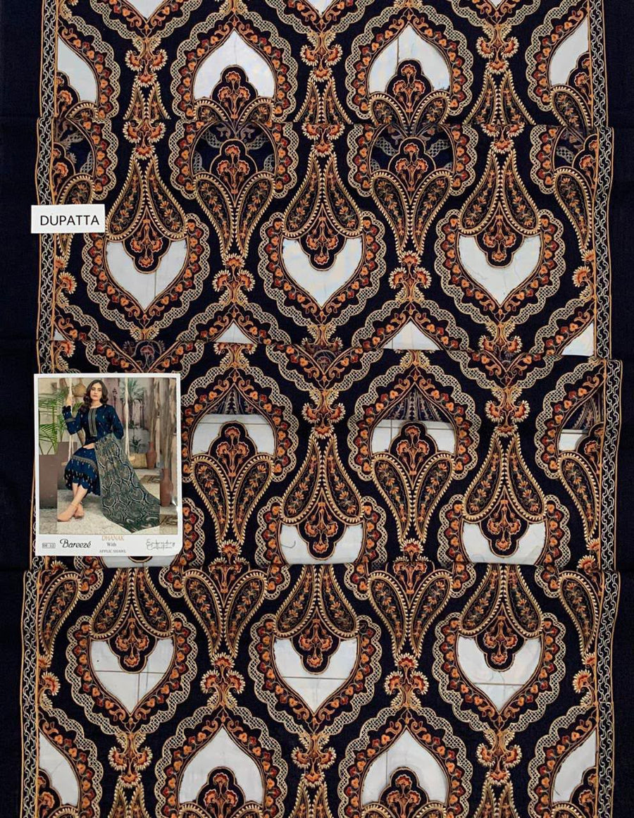 Bareeza Designer Navy Blue Heavy Embroidered Dhanak 3-Piece Winter Suit – Sequins Sleeves & Applique Shawl