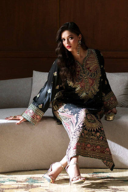 Ethnic Designer Black Heavy Embroidered Shamooz Silk Kaftan Suit – Apple Silk Embroidered Dupatta & Shamooz Trouser