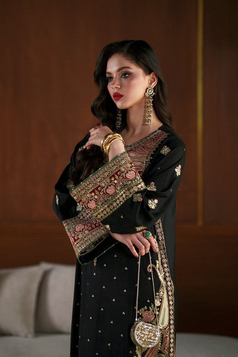 Ethnic Designer Black Heavy Embroidered Shamooz Silk Kaftan Suit – Apple Silk Embroidered Dupatta & Shamooz Trouser