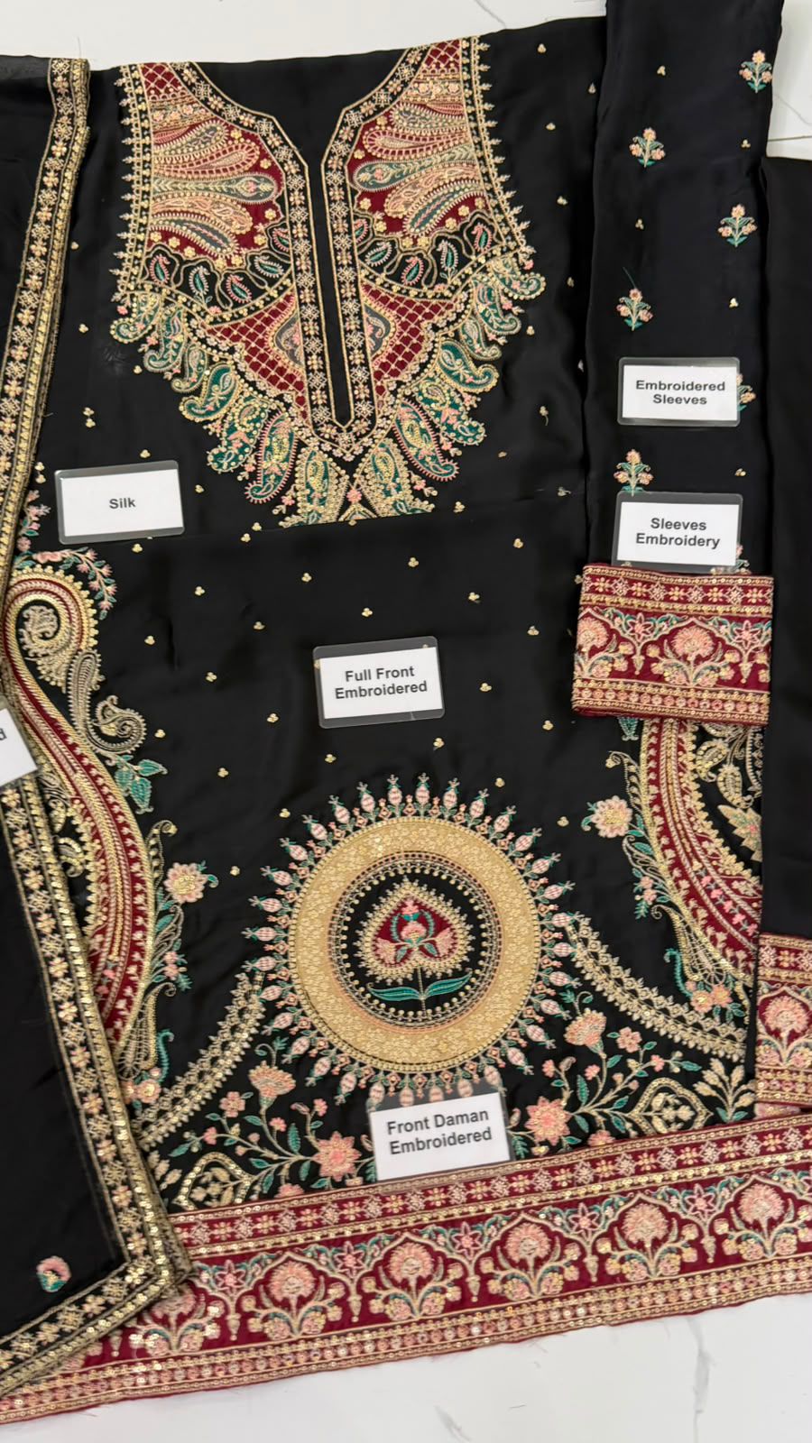Ethnic Designer Black Heavy Embroidered Shamooz Silk Kaftan Suit – Apple Silk Embroidered Dupatta & Shamooz Trouser