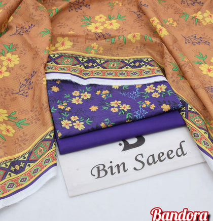 Mix Brands 3-Piece Digital Lawn Suit – Deep Purple Floral Shirt with Ochre Yellow Dupatta