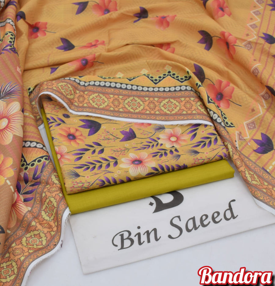 Mix Brands 3-Piece Digital Lawn Suit – Mustard Yellow Floral Shirt with Olive Green Trouser