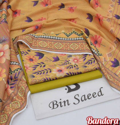 Mix Brands 3-Piece Digital Lawn Suit – Mustard Yellow Floral Shirt with Olive Green Trouser