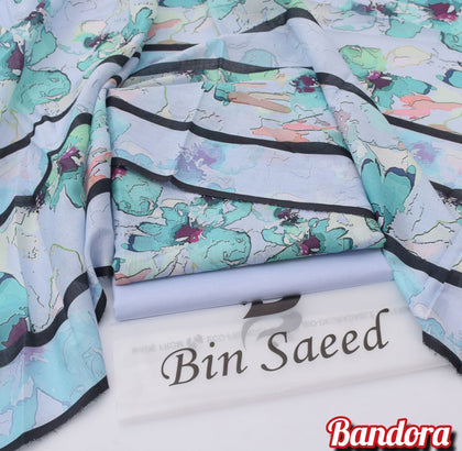 Mix Brands 3-Piece Digital Lawn Suit – Pastel Sky Blue Floral Shirt with Black Striped Dupatta