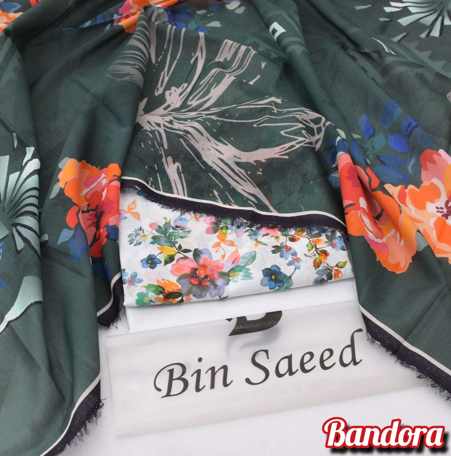 Premium Digital Printed 3PC Lawn Suit – Dark Bottle Green & White Floral Bandora Collection 2026