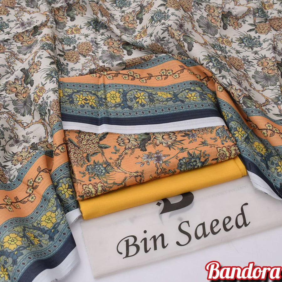 Mix Brands 3-Piece Digital Lawn Suit – Warm Apricot Floral Shirt with Off-White Dupatta