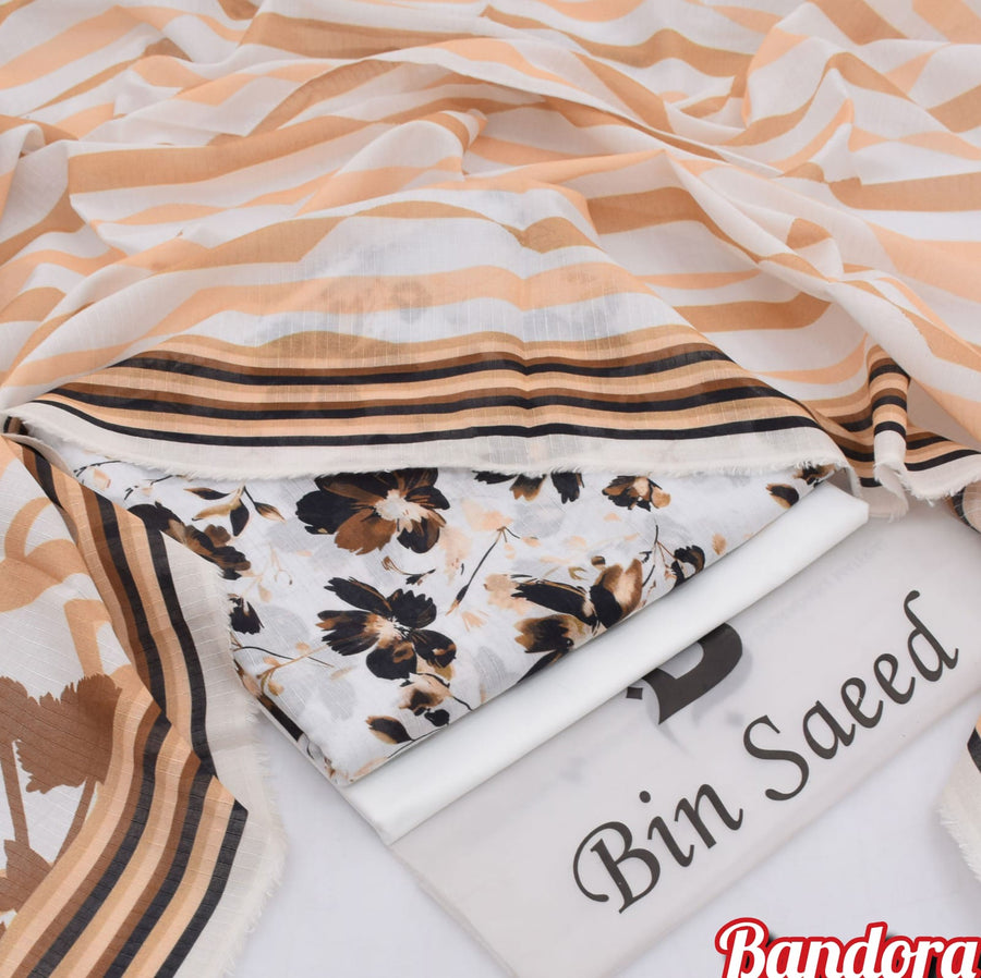 Premium Digital Printed 3PC Lawn Suit – Peach & Earthy Floral Bandora Collection 2026
