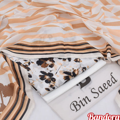 Premium Digital Printed 3PC Lawn Suit – Peach & Earthy Floral Bandora Collection 2026