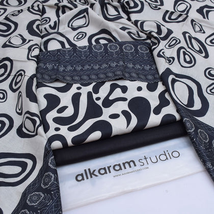 Alkaram Studio 3-Piece Digital Lawn Suit – Off-White Abstract Pebble Shirt with Ethnic Floral Border Voil Dupatta