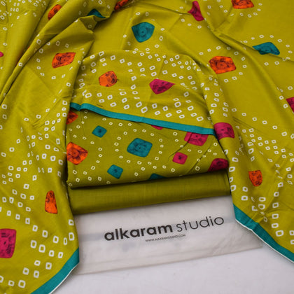 Alkaram Studio 3-Piece Digital Lawn Suit – Lime Green Bandhani Print Shirt with Matching Voil Dupatta