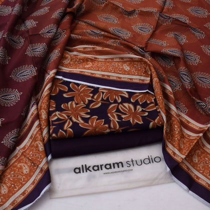 Alkaram Studio 3-Piece Digital Lawn Suit – Eggplant Purple Floral Shirt with Rust Paisley Voil Dupatta