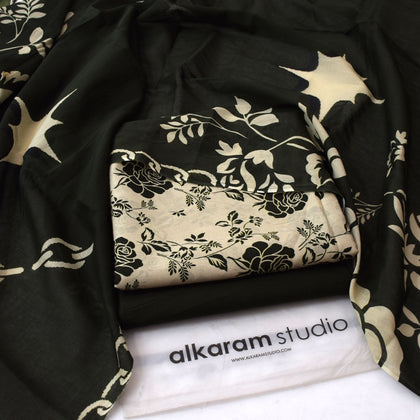 Alkaram Digital Printed 3-Piece Summer Lawn Suit 90/70 Quality Jet Black Cream Rose Print Shirt Voil Dupatta & Dyed Trouser
