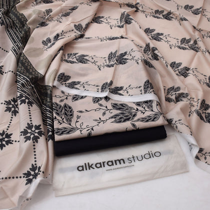 Alkaram Digital Printed 3-Piece Summer Lawn Suit 90/70 Quality Beige Black Leaf Print Shirt Voil Dupatta & Dyed Trouser
