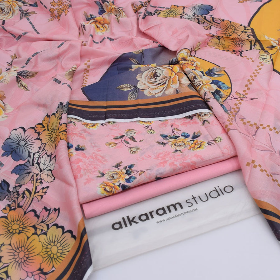 Alkaram Digital Printed 3-Piece Summer Lawn Suit 90/70 Quality Pastel Pink Yellow Floral Shirt Voil Dupatta & Dyed Trouser