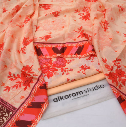 Alkaram Digital Printed 3-Piece Summer Lawn Suit 90/70 Quality Soft Lavender Purple Floral Shirt Voil Dupatta & Dyed Trouser