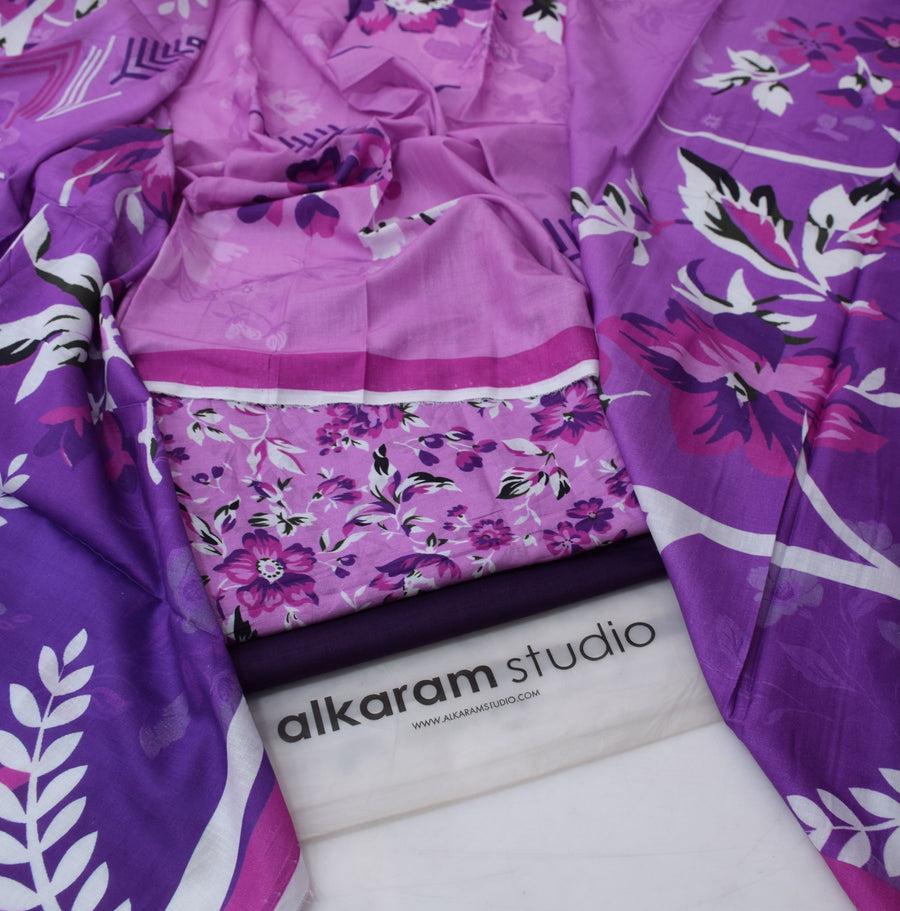 Alkaram Studio Digital Printed 3PC Lawn Suit – Lavender & Royal Purple Floral Summer Collection 2026