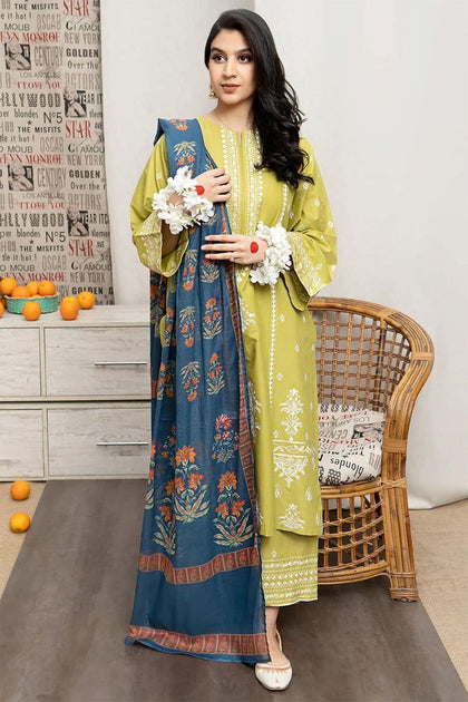 URGE Pure Lawn 3-Piece Olive Green Embroidered Suit with Contrasting Printed Dupatta