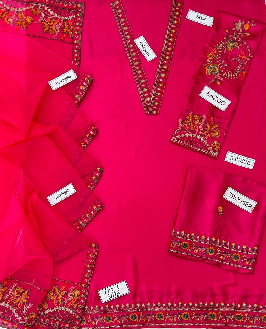 Charizma 3-Piece Luxury Silk Suit – Magenta Pink Heavy Embroidered Silk Shirt, Trouser & Organza Dupatta