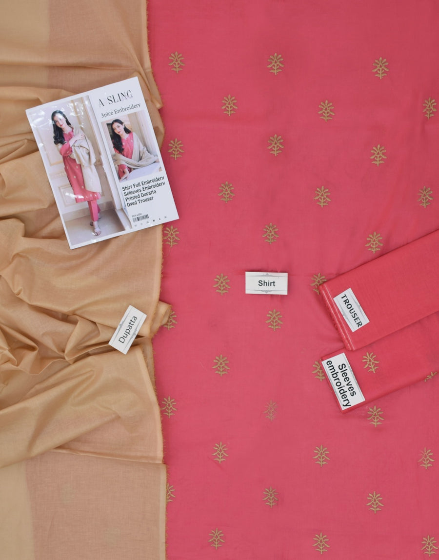 URGE Summer Collection - Pink & Beige 3-Piece Pure Lawn Embroidered Suit