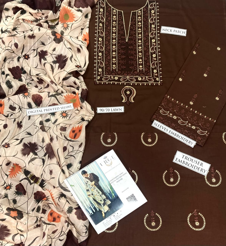 URGE Pure Lawn 3-Piece Embroidered Summer Collection – Elegant Brown & Floral Designer Suit