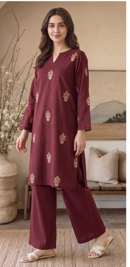 Bareeze Winter Collection 26-27 Airjet Dhanak 2-Piece Maroon Embroidered Suit