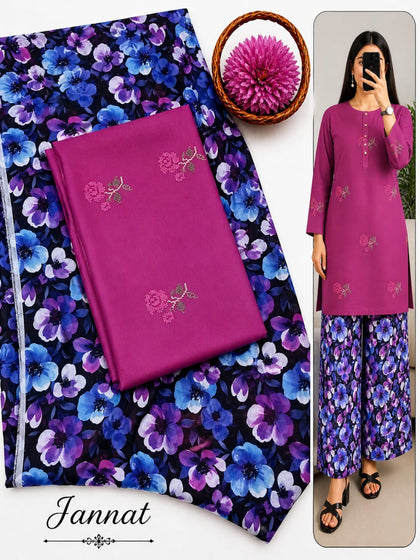 Jannat Brand Lawn 2-Piece Magenta Embroidered Shirt with Blue Floral Digital Printed Trouser Collection