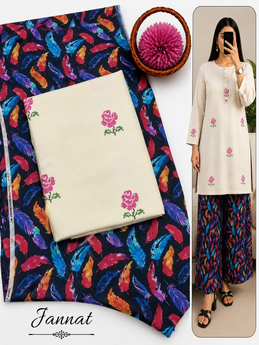Jannat Brand Lawn 2-Piece Off-White Embroidered Shirt with Digital Printed Trouser Collection