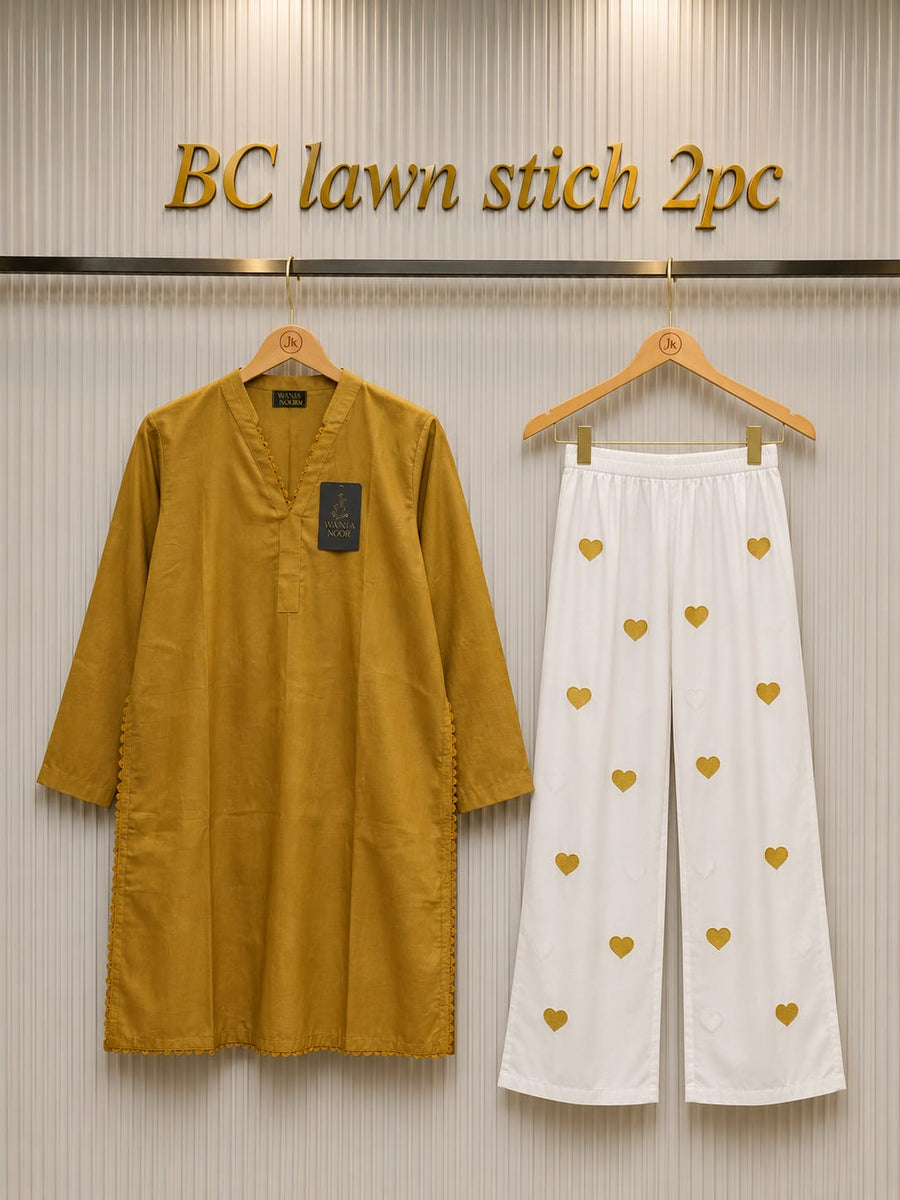 Waniya Noor Stitched Lawn 2PC Suit Solid Jet Black Shirt Lace Embellished White Heart Embroidered Flapper Trouser Ready to Wear