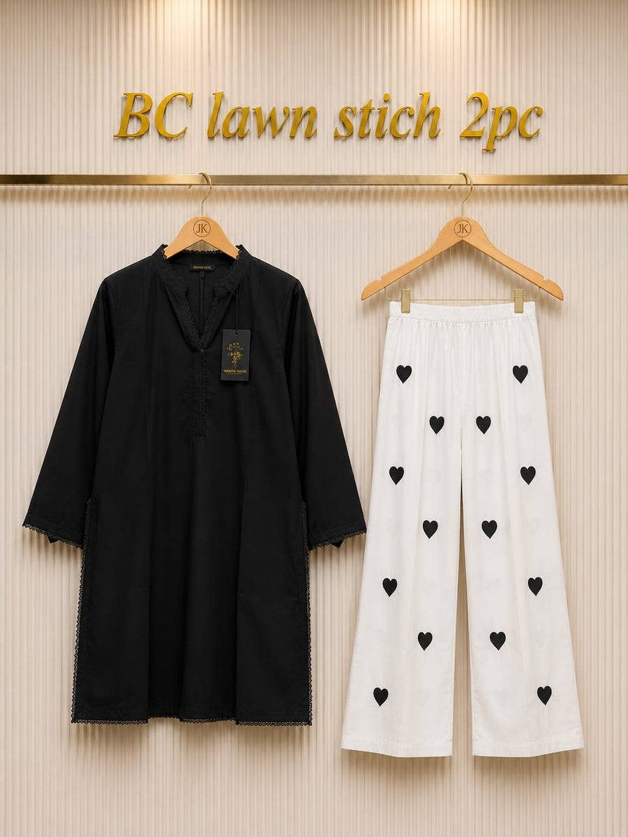 Waniya Noor Stitched Lawn 2PC Suit Solid Jet Black Shirt Lace Embellished White Heart Embroidered Flapper Trouser Ready to Wear