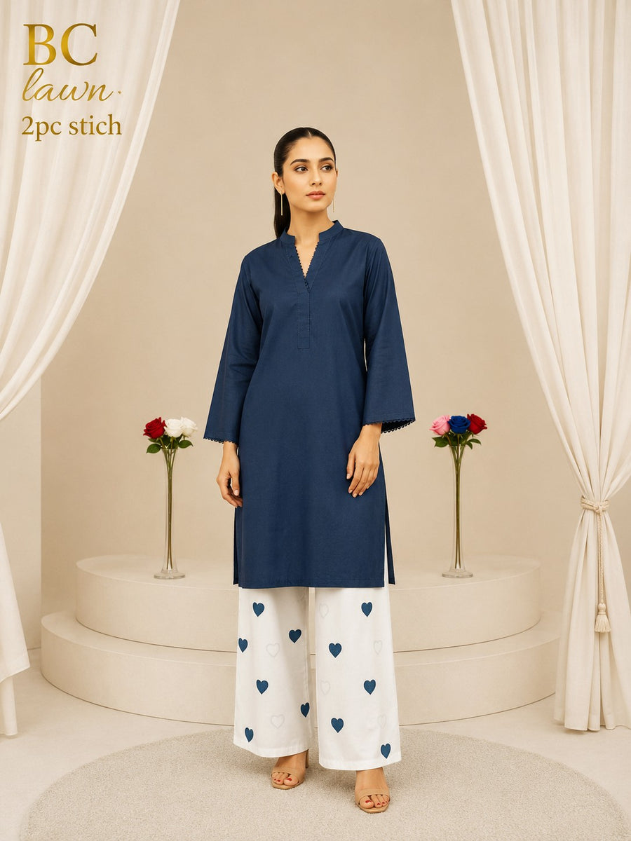 Waniya Noor Stitched Lawn 2PC Suit Solid Jet Black Shirt Lace Embellished White Heart Embroidered Flapper Trouser Ready to Wear