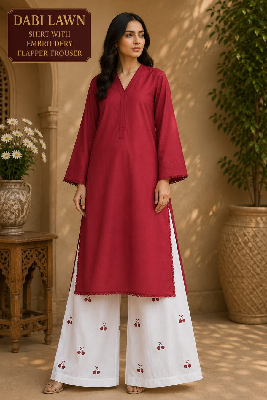 Waniya Noor Stitched Lawn 2PC Suit Solid Maroon Red Shirt Lace Embellished White Embroidered Flapper Trouser Ready to Wear