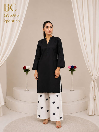 Waniya Noor Stitched Lawn 2PC Suit Solid Jet Black Shirt Lace Embellished White Heart Embroidered Flapper Trouser Ready to Wear