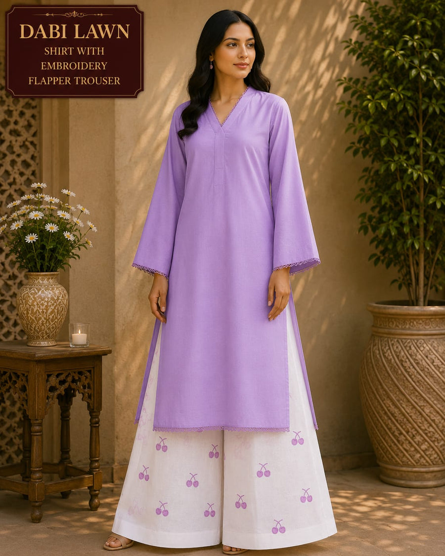 Waniya Noor Stitched Lawn 2PC Suit Solid Maroon Red Shirt Lace Embellished White Embroidered Flapper Trouser Ready to Wear