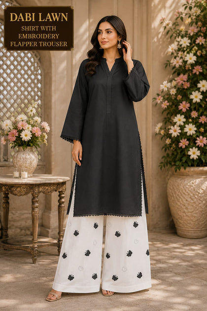 Waniya Noor 2-Piece Stitched Lawn Suit – Black Solid Kurti with Lace Trims & Heart Embroidered White Flapper