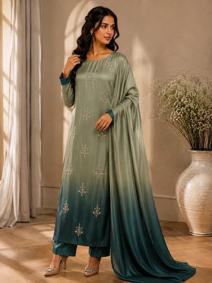 New Arrival 2K26 Shamoze Silk Digital Tie & Dye 3-Piece Olive Green Suit with Pearls, Beads Handwork & Adda Work Sleeves