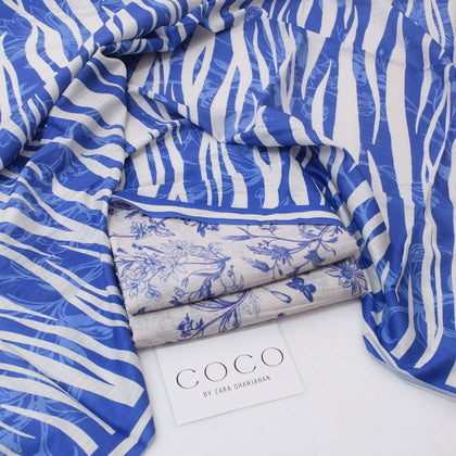 COCO by Zara Shahjahan Summer 2026 | Digital Printed Blue & White Lawn 3-Piece Suit