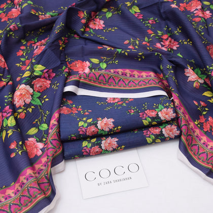 COCO by Zara Shahjahan Summer 2026 | Digital Printed Navy Blue & Pink Lawn 3-Piece Suit