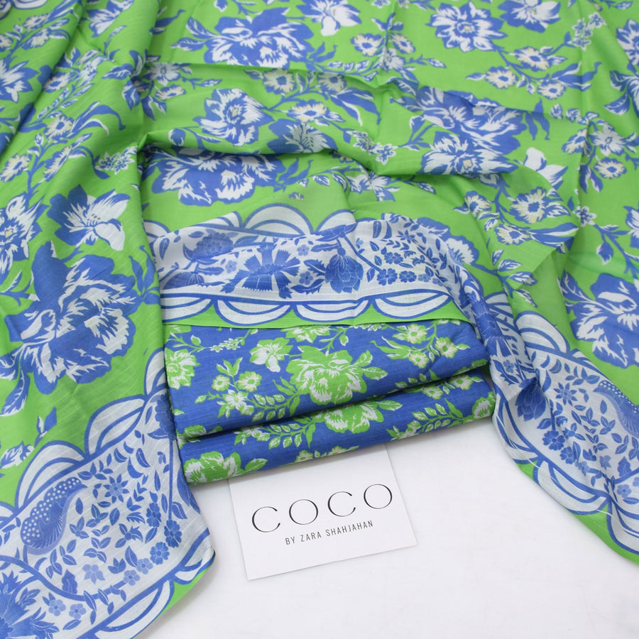 COCO by Zara Shahjahan Summer 2026 | Digital Printed Green & Blue Lawn 3-Piece Suit