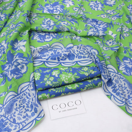 COCO by Zara Shahjahan Summer 2026 | Digital Printed Green & Blue Lawn 3-Piece Suit