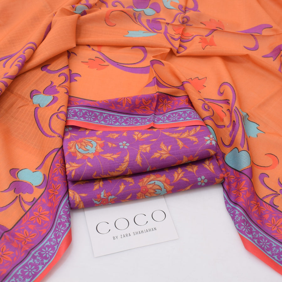 COCO by Zara Shahjahan Summer 2026 | Digital Printed Peach & Purple Lawn 3-Piece Suit