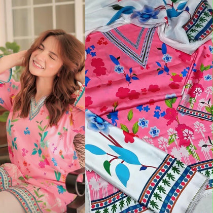 Lulusar Digital Printed Shamooz Silk Collection | Pink & Floral V-Neck 3-Piece Suit