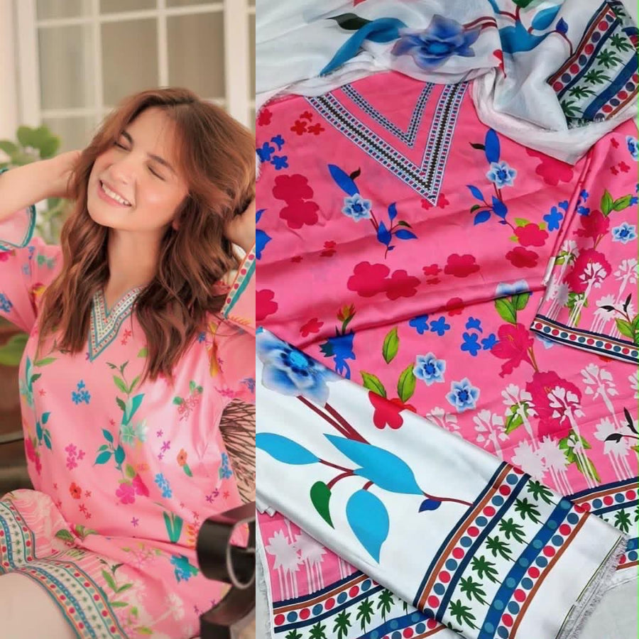 Lulusar Digital Printed Shamooz Silk Collection | Pink & Floral V-Neck 3-Piece Suit