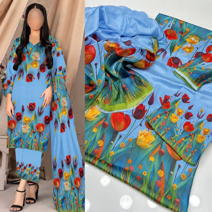 Lulusar Digital Printed Shamooz Silk Collection | Sky Blue & Floral Tulip 3-Piece Suit