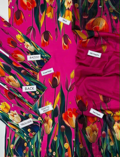 Lulusar Digital Printed Shamooz Silk Collection | Fuchsia & Floral Tulip 3-Piece Suit