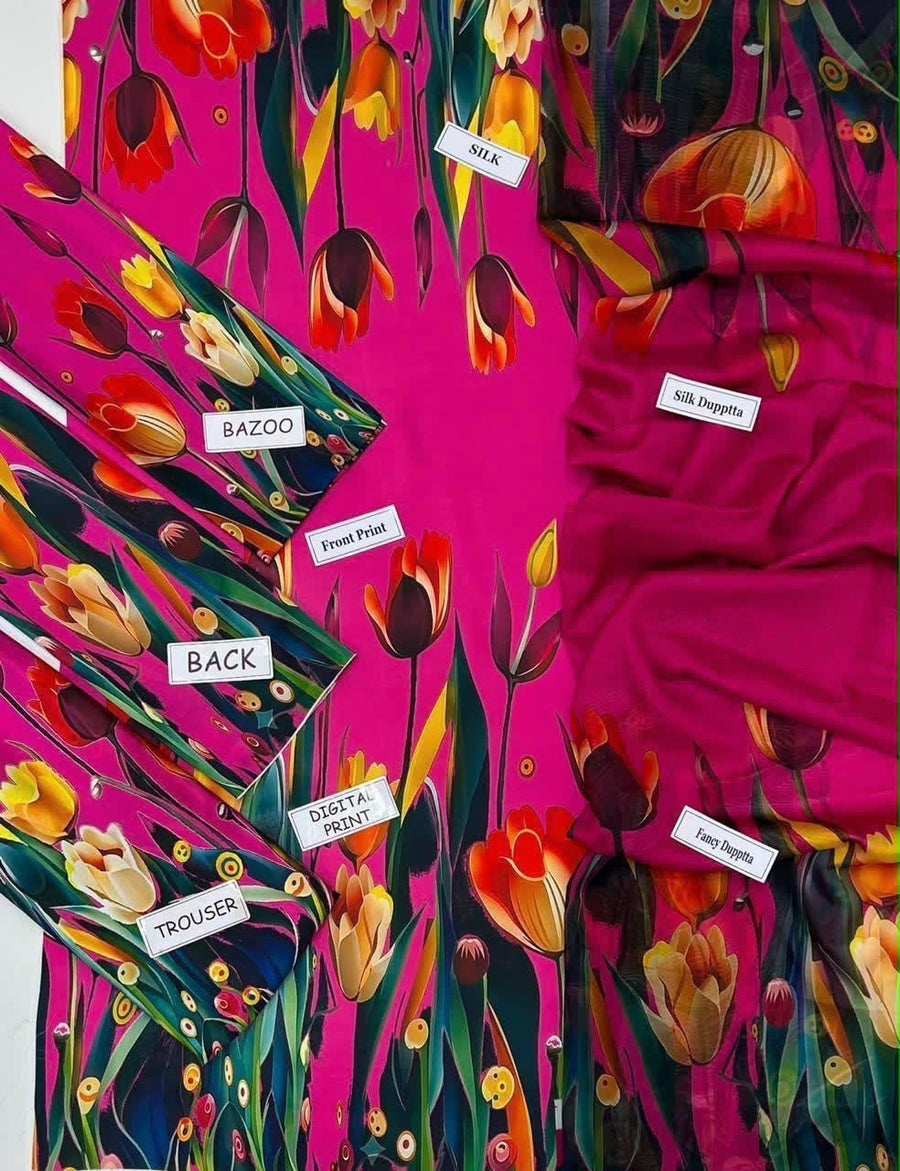Lulusar Digital Printed Shamooz Silk Collection | Fuchsia & Floral Tulip 3-Piece Suit