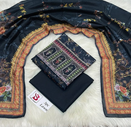 Bin Saeed Stock Clearance Sale: 3-Piece Daman Cut Work Embroidered Black Lawn Suit